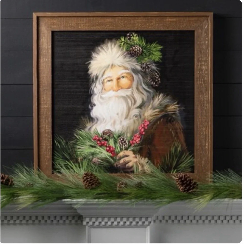 Primitive Woodland Santa 30x30 Christmas Wall Art Wood Frame Show Stopper!